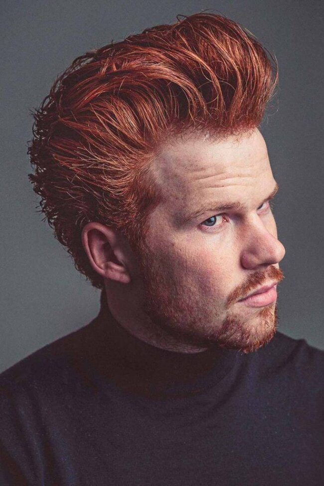 16 Red Hairstyles for Men: Striking Styles to Stand Out with Confidence 2 Rusty Pompadour with Taper 650x975 1
