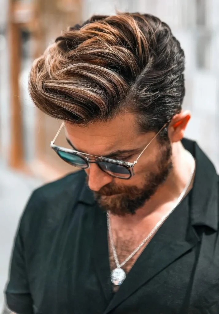 20 Trendy Korean Hairstyles for Men: The Ultimate Style Guide 8 a fluffy layered side part with a blonde balayage neat layers and a thin hard part to maintain the volume