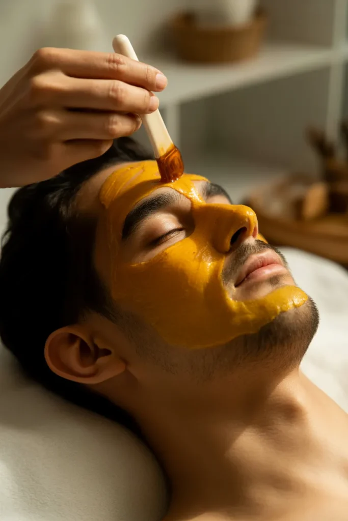 a man applying a natural honey and turme TpxgoZZwSImeGZDR60MQeA KCp4yJ3 Q1ewV7JJVy889A