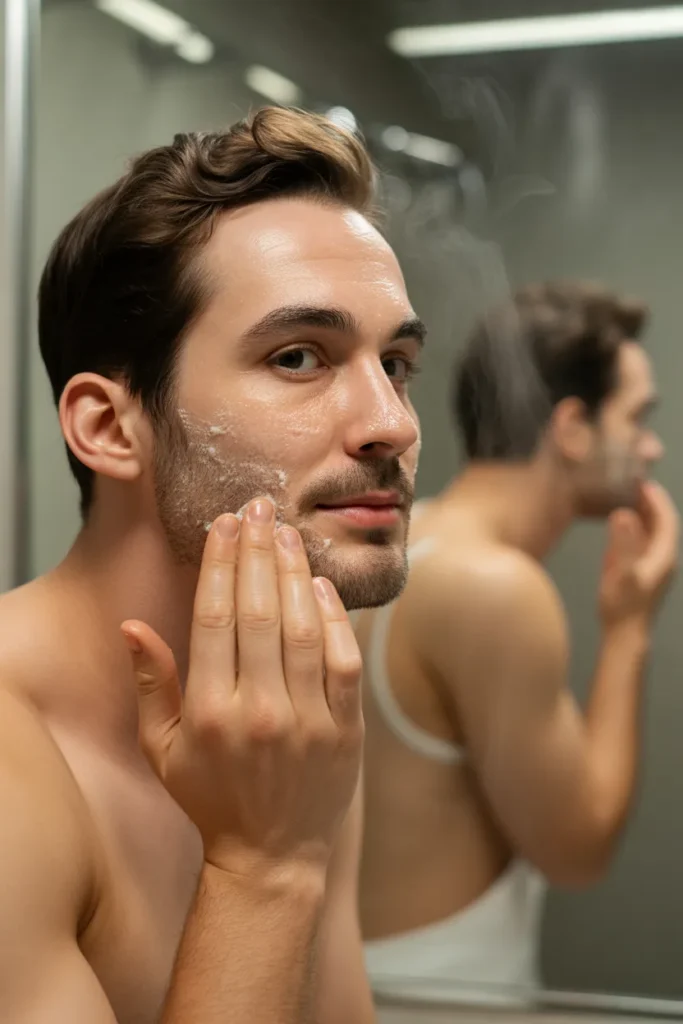 a man gently exfoliating his face using xnjLraG6Quat3fxqOsZDlw jj5zeg6pTVuCcErtXlr2oQ