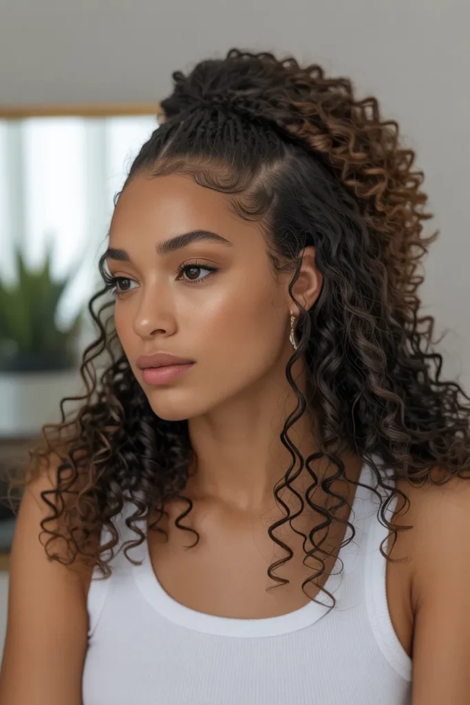 16 Curly Crochet Hair Styles That Are Stylish, Protective, and Timeless 12 a half up half down curly crochet hairst I0wXlOJeTCKyxB42uUTlLw I9uDiaTNTAGrnsLCxLppbw