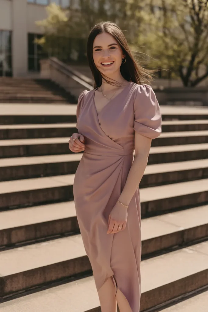 a woman wearing a flattering wrap dress VWo JJn3SdyD59RZ3lqTLA vk4007TjSdayBxf4zWWADA