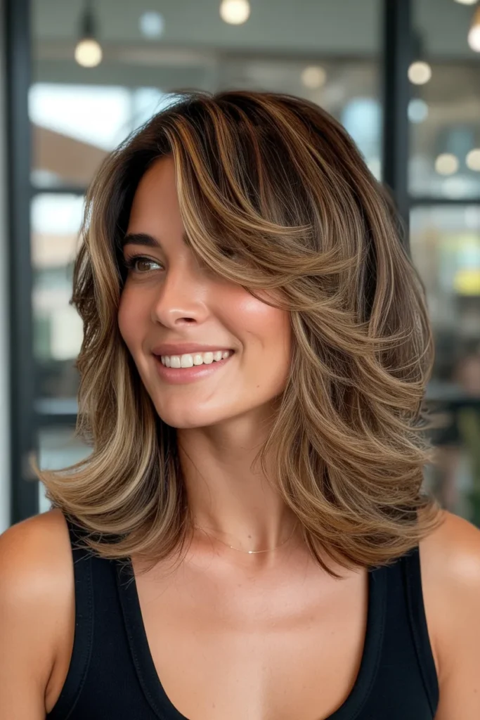 a woman with a layered mom cut medium le s Z7 QokTeySPPqnr13f g BFAf70liTmaS8pLh8Y9b9Q