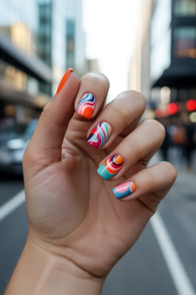 18 Vacation Nails: The Ultimate Guide to Stylish Holiday Manicures 14 abstract nail art with swirls and color e0FJlMN6RqKiAGXURUqVpw ySpCzfNDRciTrSRuZSgWWg