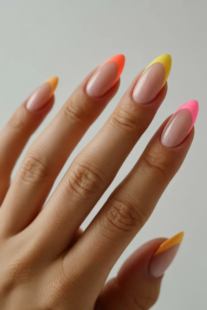 almond shaped nails with colourful frenc yHzIWb4oQvexiHlWFh2C3Q iwSx6WatRY2Oca3AR9x7jA