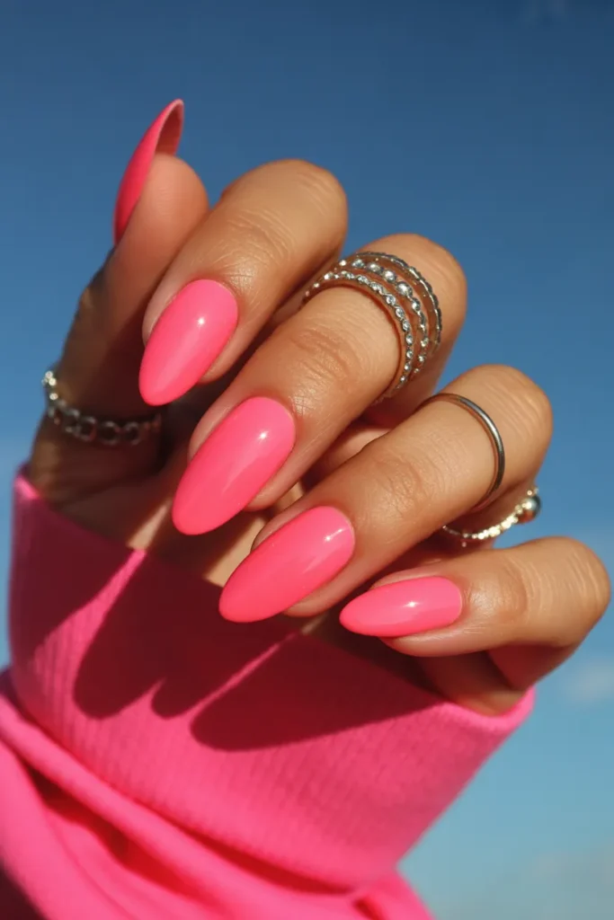 bold neon pink almond shaped nails high uKQEK9udSAWO0hcSv0kflA kgnCeysQQo2BiSwnj1D3Sw