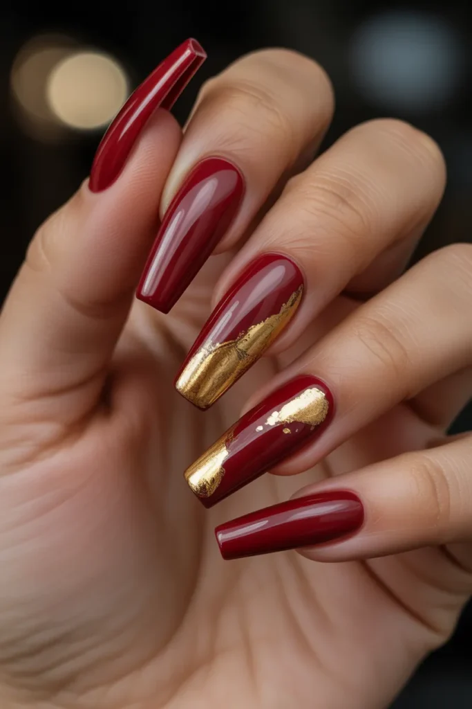 18 Stunning Coffin Nail Designs to Elevate Your Style Game 8 deep red coffin nails with gold foil acc xk56 WiuQ 6HxhyH47y5eA E5jJaok0S4a4oymbB5jJSg