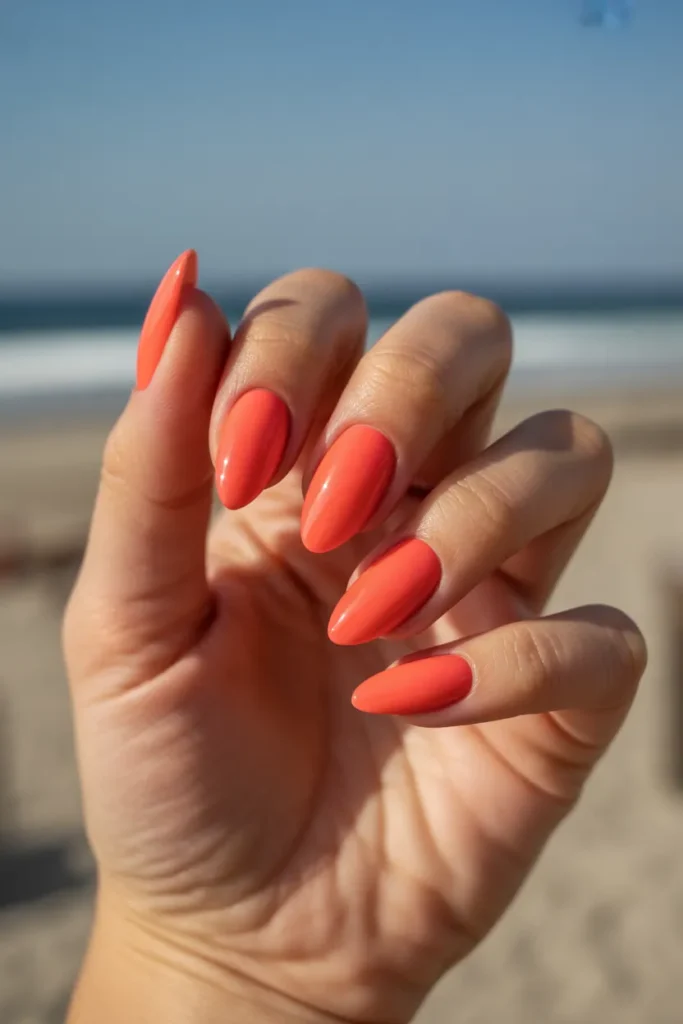 glossy coral nails almond shape warm sun gwcuWUTwSdyMvUgCtweV3Q B5MFd7T1Q2yYINgV16OFpA