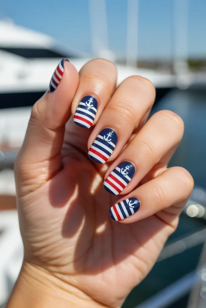 18 Vacation Nails: The Ultimate Guide to Stylish Holiday Manicures 11 manicure with navy white and red nautica hQXHvHpGTkqjDsVQmnfIGQ IBJrYmzHR8 BU6ge2hIExg