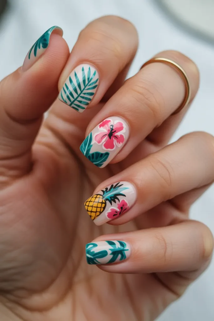 20 Summer Nails Square: Trendy Ideas to Keep Your Nails Chic This Season 5 square nails with hand painted tropical sDIBN0APQaC Vtd64KOEgQ PD7W gVbQBGeCNH0kgX0Kg