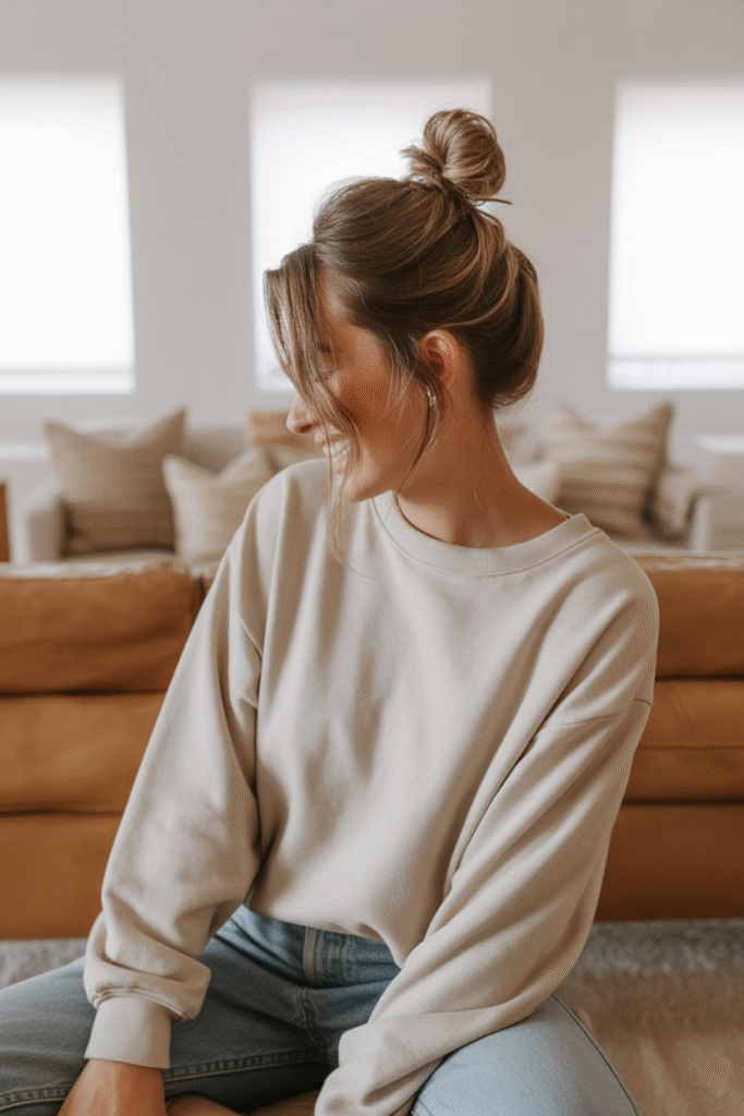 15 Top Knot Bun Styles That Elevate Every Look 16 a casual lifestyle photograph of a woman quqc5PkeRfmcEzgb qwUxg kATBc8O6TA2AquZnDGe2iA