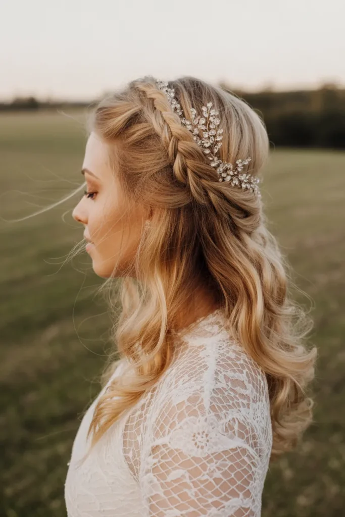20 Wedding Hair Ideas for Bride: Stunning Styles for Your Big Day 14 bride with half braided crown hairstyle SJaV5X CQ0SkksSctEW59g CEjDpOCiRO67t2ArRCLDPw