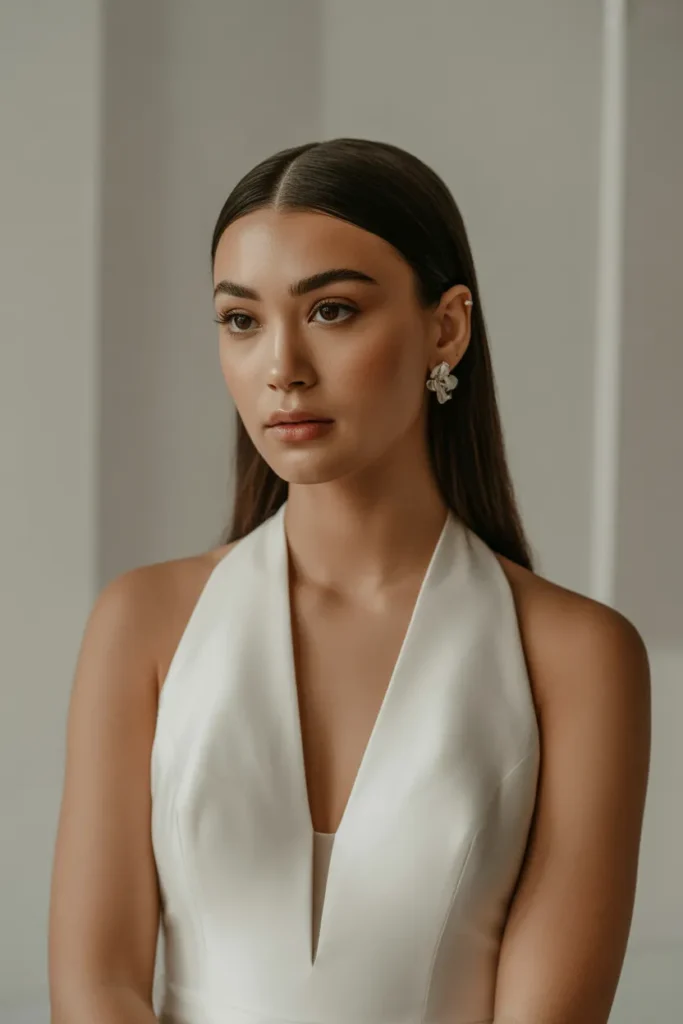 20 Wedding Hair Ideas for Bride: Stunning Styles for Your Big Day 18 bride with sleek straight hair and sharp N5ecwaVoSrmAjiglG3uoGg P6gPEjRQRQmjzT dLJRbPA