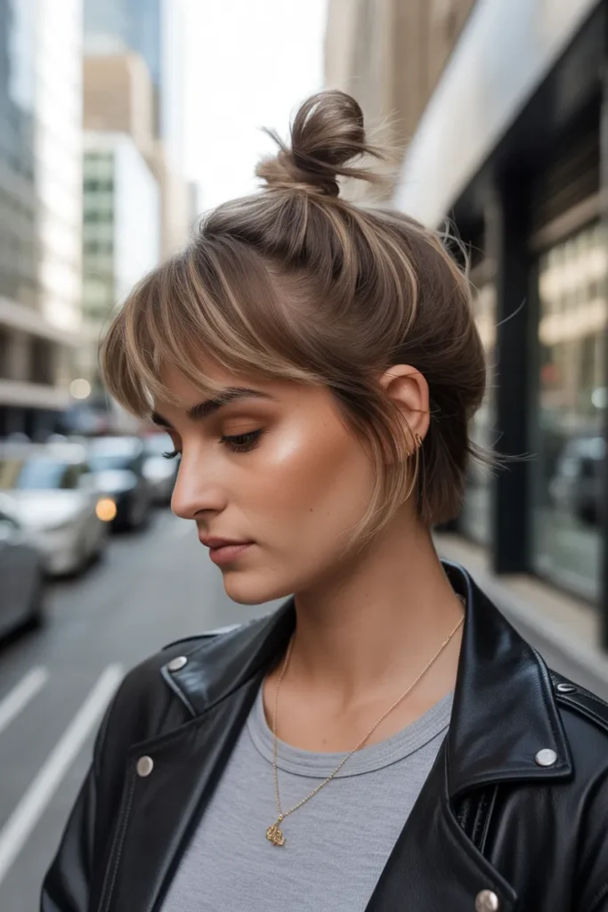 15 Top Knot Bun Styles That Elevate Every Look 12 edgy top knot bun on short hair mini bun k3Mb4AnuQoifSpraxsRnlw fX3NyCTUi3mPezRB1LSA