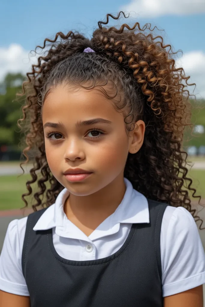 20 School Hairstyles for Girls: Cute, Easy & Practical Ideas for Every School Day 18 girl with natural curly hair gathered in HgO7LZq0SUmy6t0s xhdvg oXiRumyrRAGaIzjynxATAw