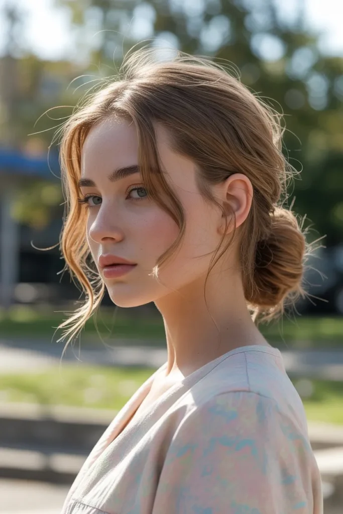 20 Simple Hairstyles for School: Quick, Cute, and Stress-Free 10 girl with soft low side bun slightly tex JtSMyoAuREunOlIyC5DqSw dRWVyLuuQ9 MZgROoBydTg cover