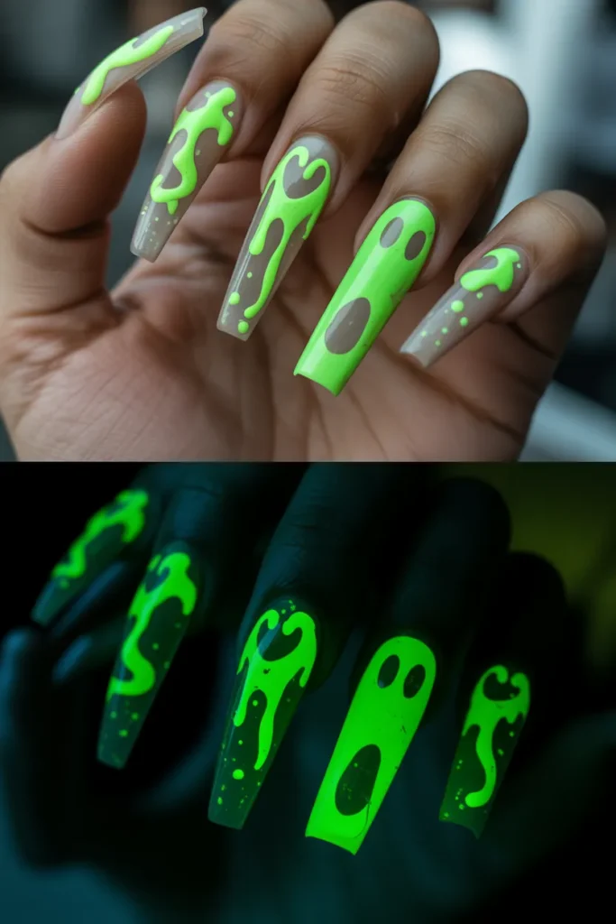 14 Halloween Nails Acrylic Ideas That Are Bold, Spooky & Stylish 8 long acrylic nails featuring neon green XQDFyuQhQt dr1asolP SQ 8UkHqAWZTkqOm25ET7Po2A cover