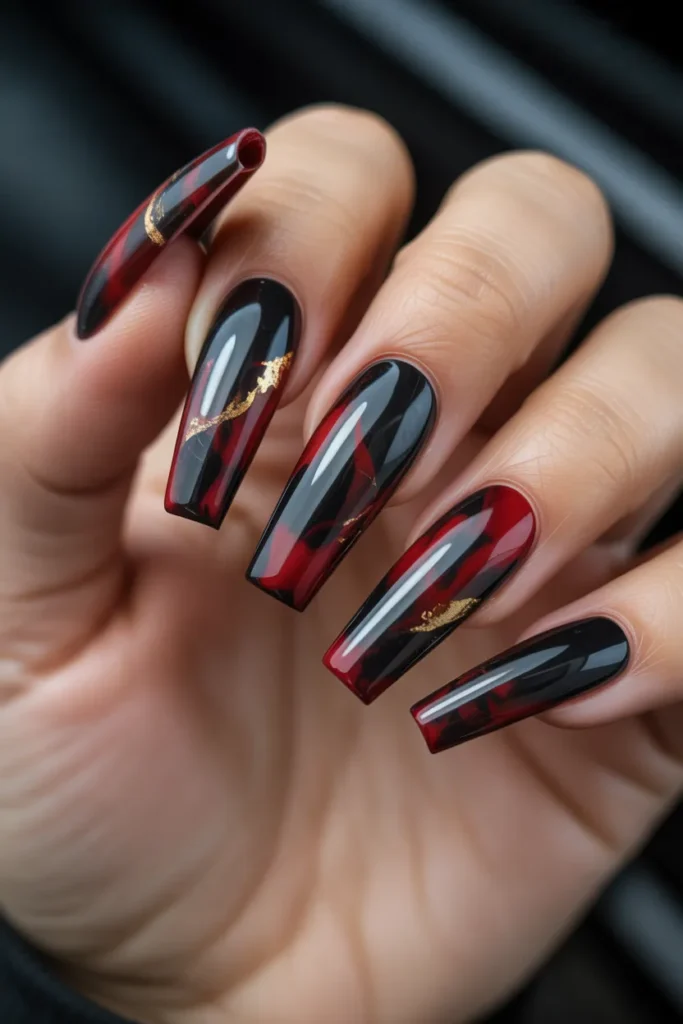 14 Halloween Nails Acrylic Ideas That Are Bold, Spooky & Stylish 12 long coffin acrylic nails with black and 7qGmdMWTSMWLQL7T1yf8XA QoWOzHEhSxadhVQ95WoO1A cover
