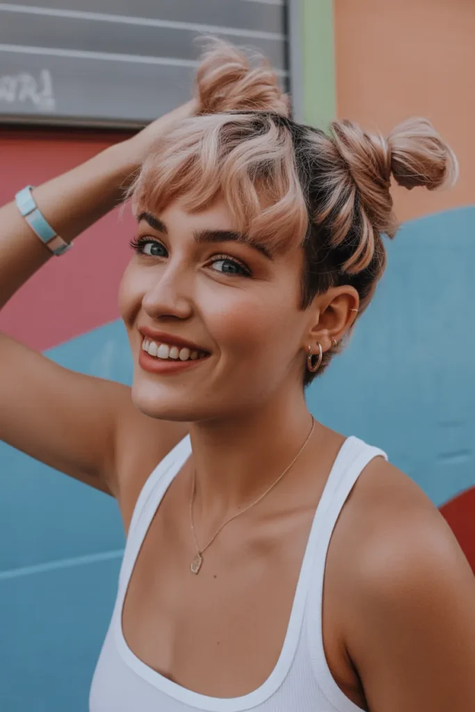 playful double mini buns on short textur IgtMgHxQSViYeusl0Kpvvw BGtvoS1ZSXueTlnxHHXF g