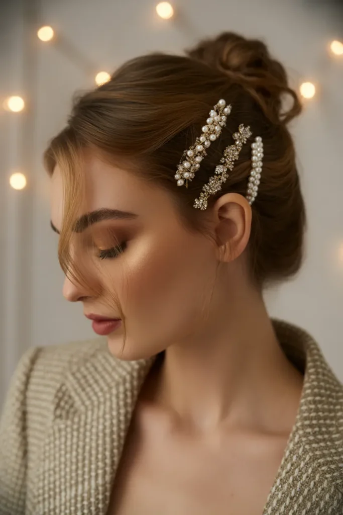 short updo decorated with pearl pins and pnVstCUGSbOFmwVcKjprOQ AgWLqZ1MTn DQvJKYtgZOw