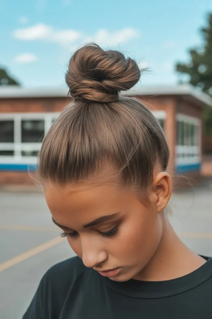 20 Simple Hairstyles for School: Quick, Cute, and Stress-Free 8 teen girl with sleek top knot bun positi KEOI0yfZSHS6TkiVetJLlw c9dnAKxrQHGJsKHZ6YRvmA cover